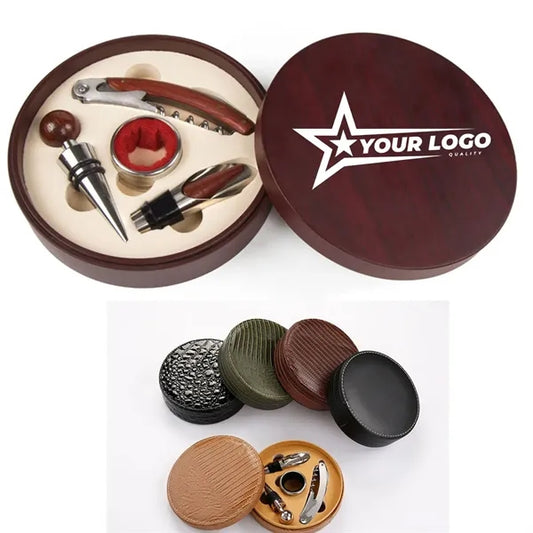Red Bottle Opener Round Leather Box Wine Set Four Piece