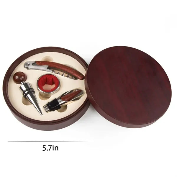 Red Bottle Opener Round Leather Box Wine Set Four Piece