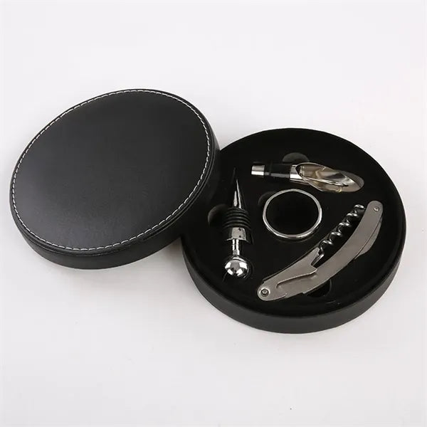 Red Bottle Opener Round Leather Box Wine Set Four Piece