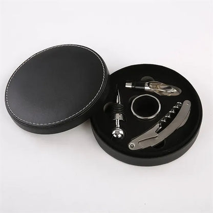 Red Bottle Opener Round Leather Box Wine Set Four Piece