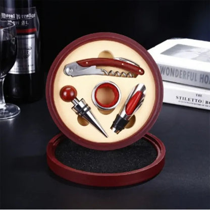 Red Bottle Opener Round Leather Box Wine Set Four Piece