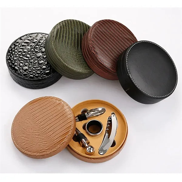 Red Bottle Opener Round Leather Box Wine Set Four Piece