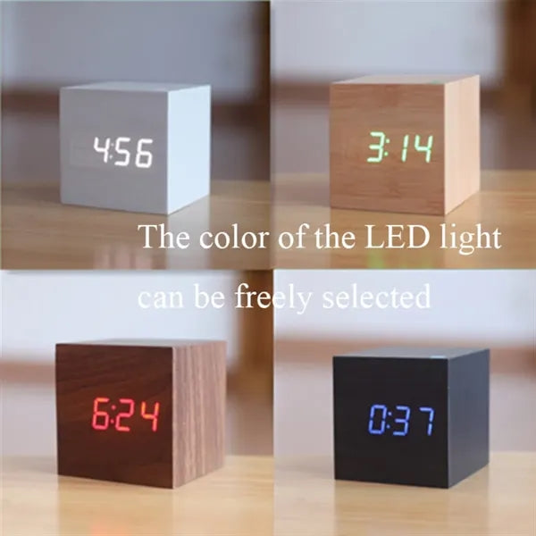 Digital Cube Alarm Clock With Wooden Electronic LED