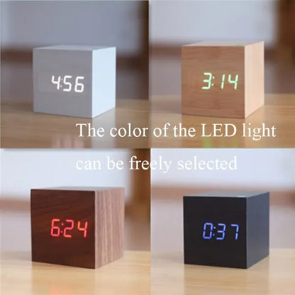 Digital Cube Alarm Clock With Wooden Electronic LED