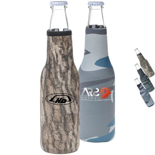 12 Oz. Neoprene collapsible camo Bottle Cooler w/ Opener