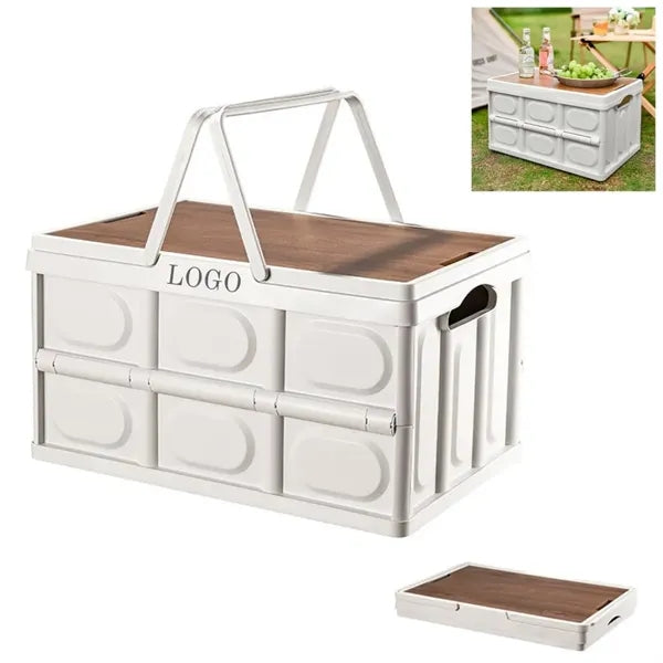 Collapsible Storage Bin with Handles and Wooden Lid