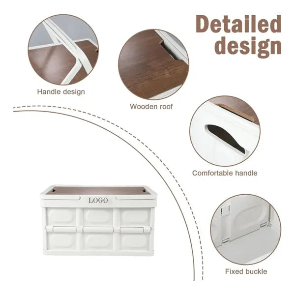 Collapsible Storage Bin with Handles and Wooden Lid
