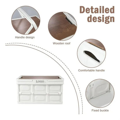 Collapsible Storage Bin with Handles and Wooden Lid