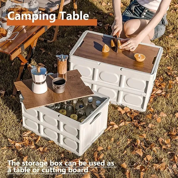 Collapsible Storage Bin with Handles and Wooden Lid