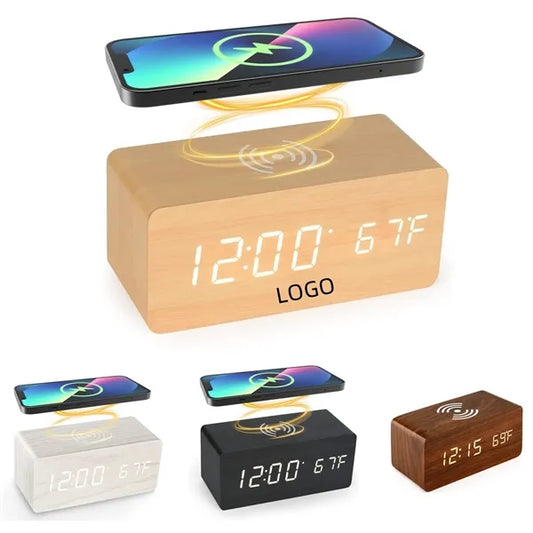 Wooden Color Digital Alarm Clock with Wireless Charging