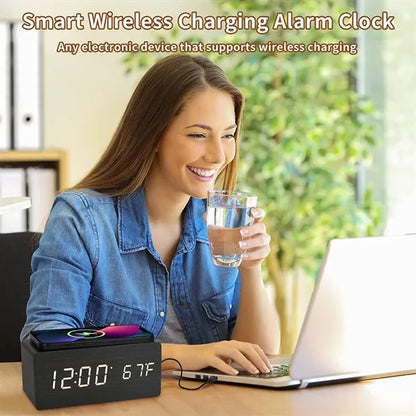 Wooden Color Digital Alarm Clock with Wireless Charging