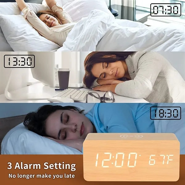 Wooden Color Digital Alarm Clock with Wireless Charging