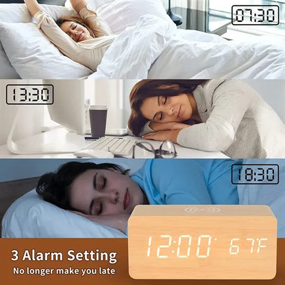 Wooden Color Digital Alarm Clock with Wireless Charging