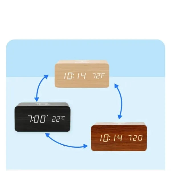 Wooden Color Digital Alarm Clock with Wireless Charging