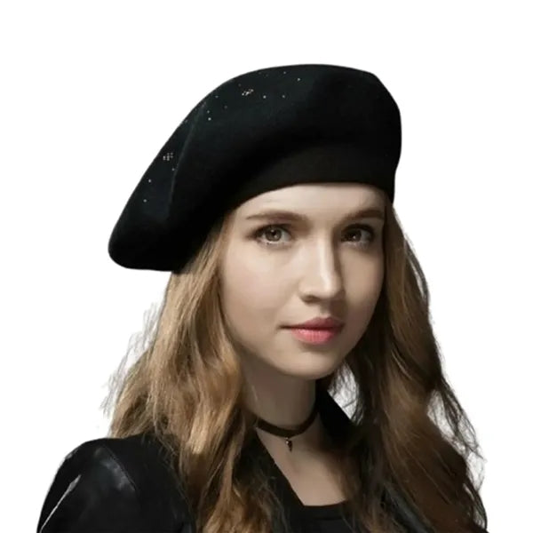 Round Crown Wool Beret Hat w/ Rhinestone Detailing