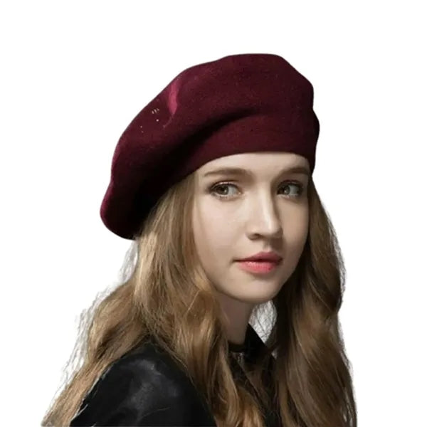 Round Crown Wool Beret Hat w/ Rhinestone Detailing