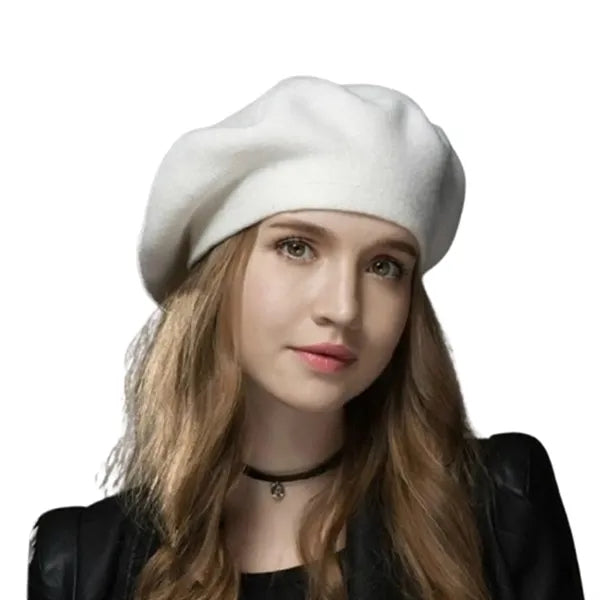 Round Crown Wool Beret Hat w/ Rhinestone Detailing