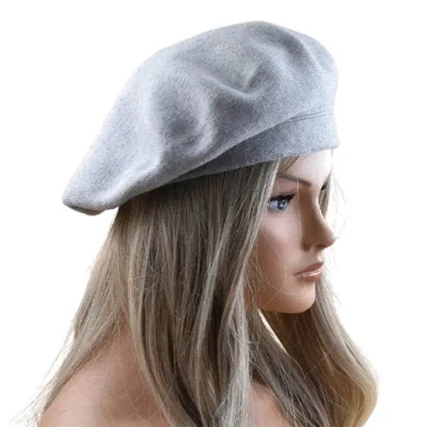 Round Crown Wool Beret Hat w/ Rhinestone Detailing