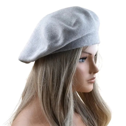 Round Crown Wool Beret Hat w/ Rhinestone Detailing