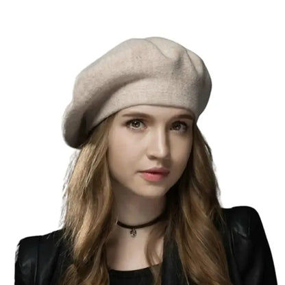 Round Crown Wool Beret Hat w/ Rhinestone Detailing