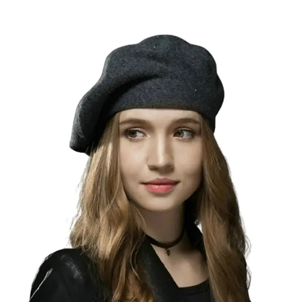 Round Crown Wool Beret Hat w/ Rhinestone Detailing