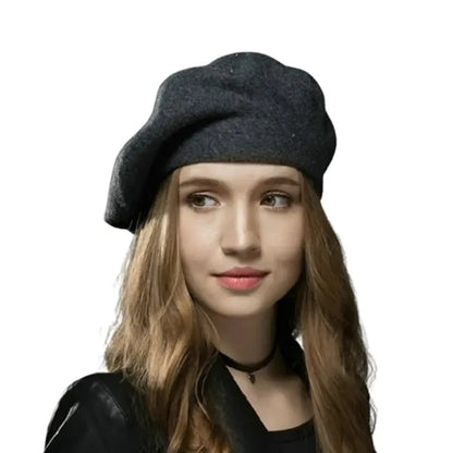 Round Crown Wool Beret Hat w/ Rhinestone Detailing