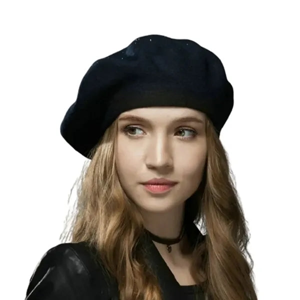 Round Crown Wool Beret Hat w/ Rhinestone Detailing