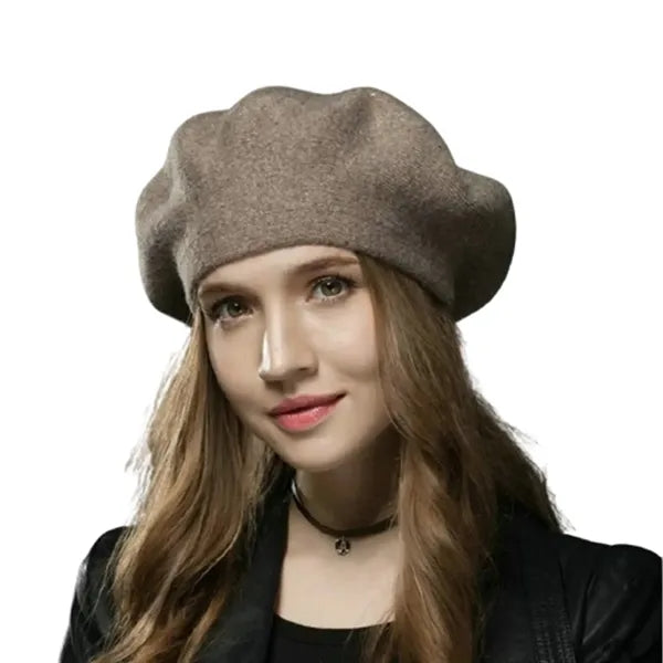 Round Crown Wool Beret Hat w/ Rhinestone Detailing