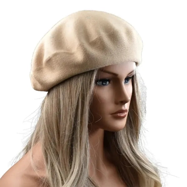 Round Crown Wool Beret Hat w/ Rhinestone Detailing