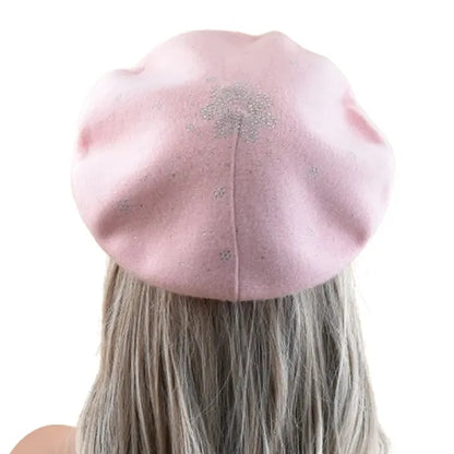 Round Crown Wool Beret Hat w/ Rhinestone Detailing