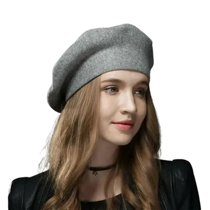 Round Crown Wool Beret Hat w/ Rhinestone Detailing