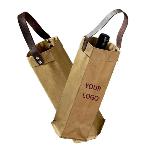 Washable Kraft Paper Red Gift Wine Bag With Leather