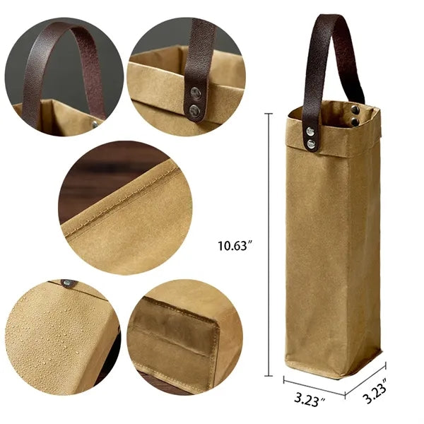 Washable Kraft Paper Red Gift Wine Bag With Leather
