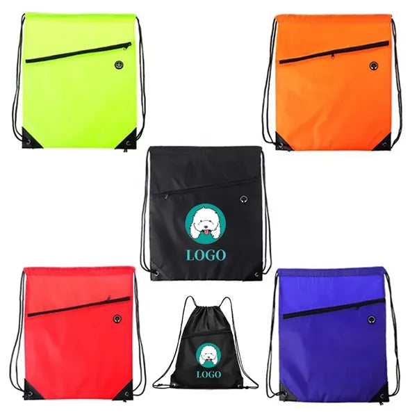 210D Drawstring Backpack w/ Zipper Pocket & Earbuds Slot