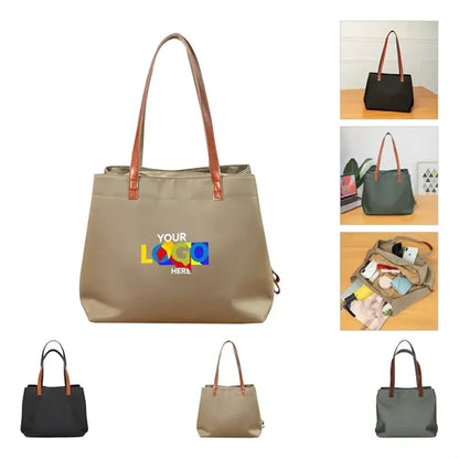 Nylon shoulder tote bag with leather straps