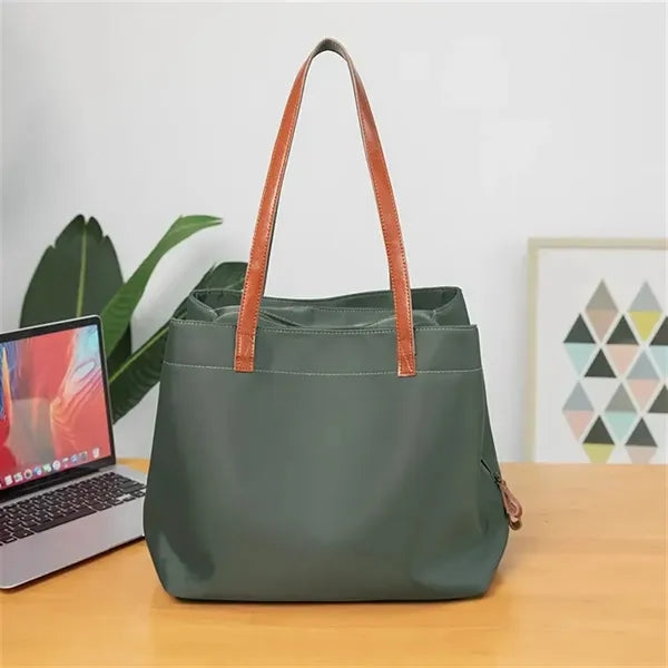 Nylon shoulder tote bag with leather straps