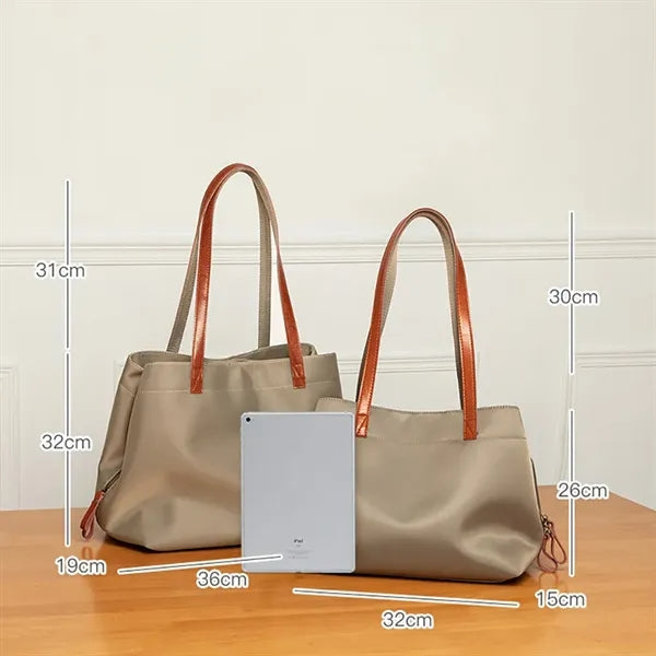 Nylon shoulder tote bag with leather straps