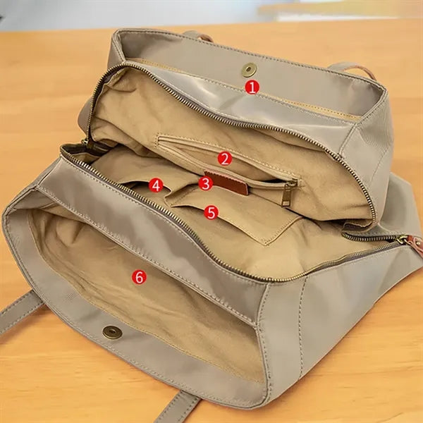Nylon shoulder tote bag with leather straps