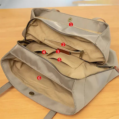 Nylon shoulder tote bag with leather straps