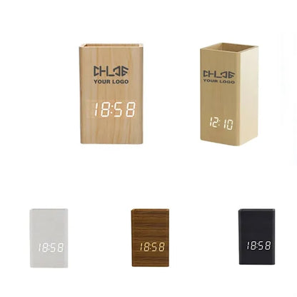 Elegant Wooden Pen Holder with Digital Clock