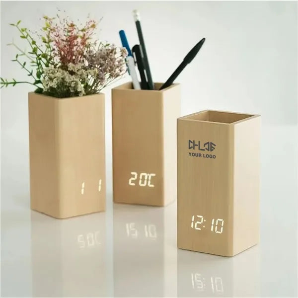 Elegant Wooden Pen Holder with Digital Clock