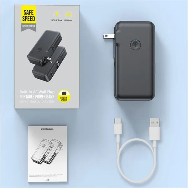 Power Bank with Built-in AC Wall Plug and Cable