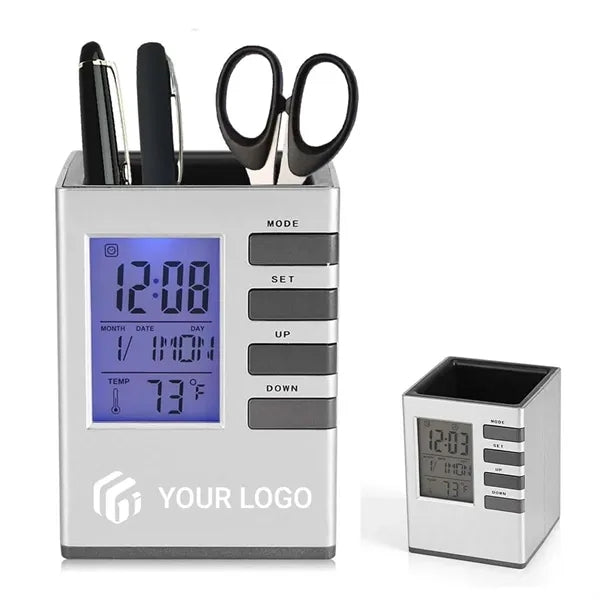 Desk decor perpetual calendar alarm clock pen holder
