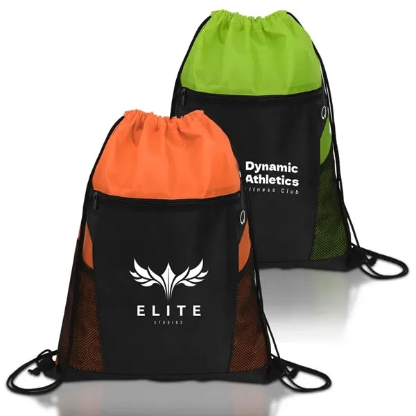 Zippered Drawstring Backpack with Mesh Pockets