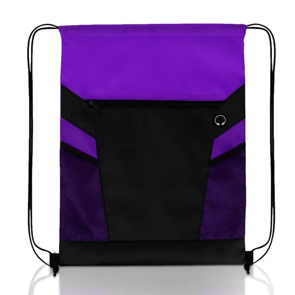 Zippered Drawstring Backpack with Mesh Pockets