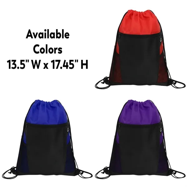 Zippered Drawstring Backpack with Mesh Pockets