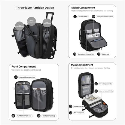 Travel school carry on luggage vacuum seal rolling backpack
