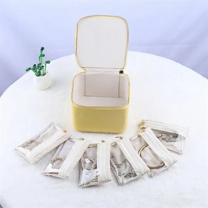 PU Leather Jewelry Organizer w/ 6 Velvet Zipper Pockets