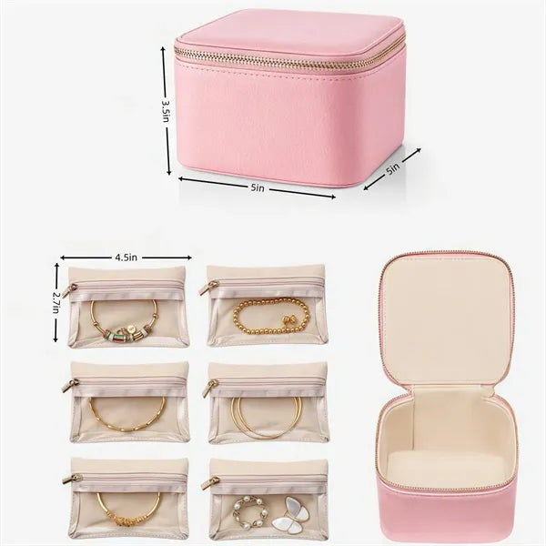 PU Leather Jewelry Organizer w/ 6 Velvet Zipper Pockets