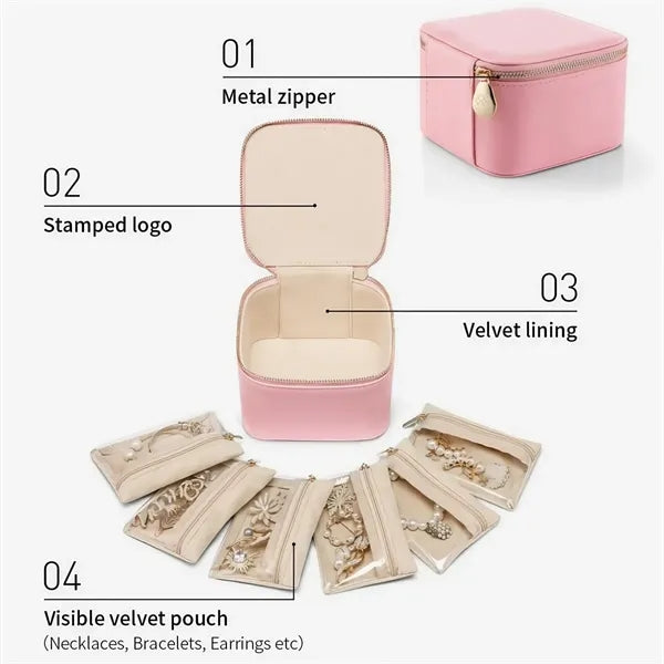 PU Leather Jewelry Organizer w/ 6 Velvet Zipper Pockets